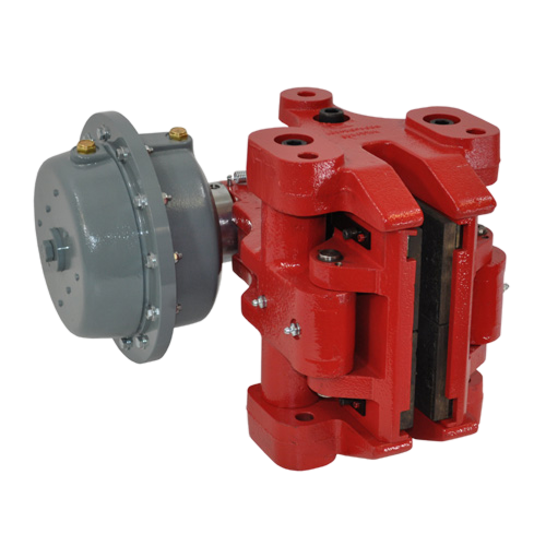Industrial braking system featuring a red caliper and gray actuator, designed for heavy-duty applications, ensuring reliable stopping power and safety in various industrial settings.