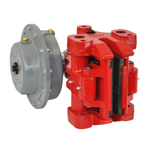Industrial braking system featuring a red hydraulic caliper and a gray actuator, designed for high-performance applications in various machinery.