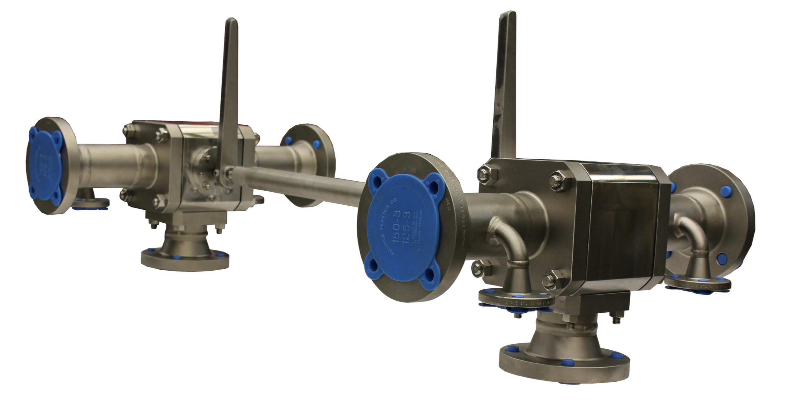 Stainless steel ball valves with blue end caps, designed for efficient flow control in industrial applications, showcasing robust construction and reliable performance.