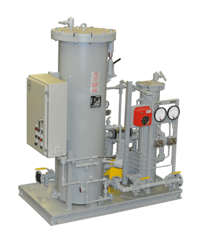 Demister unit featuring a cylindrical separator with attached piping, gauges, and control panel, designed for efficient separation of liquids and gases in industrial applications.