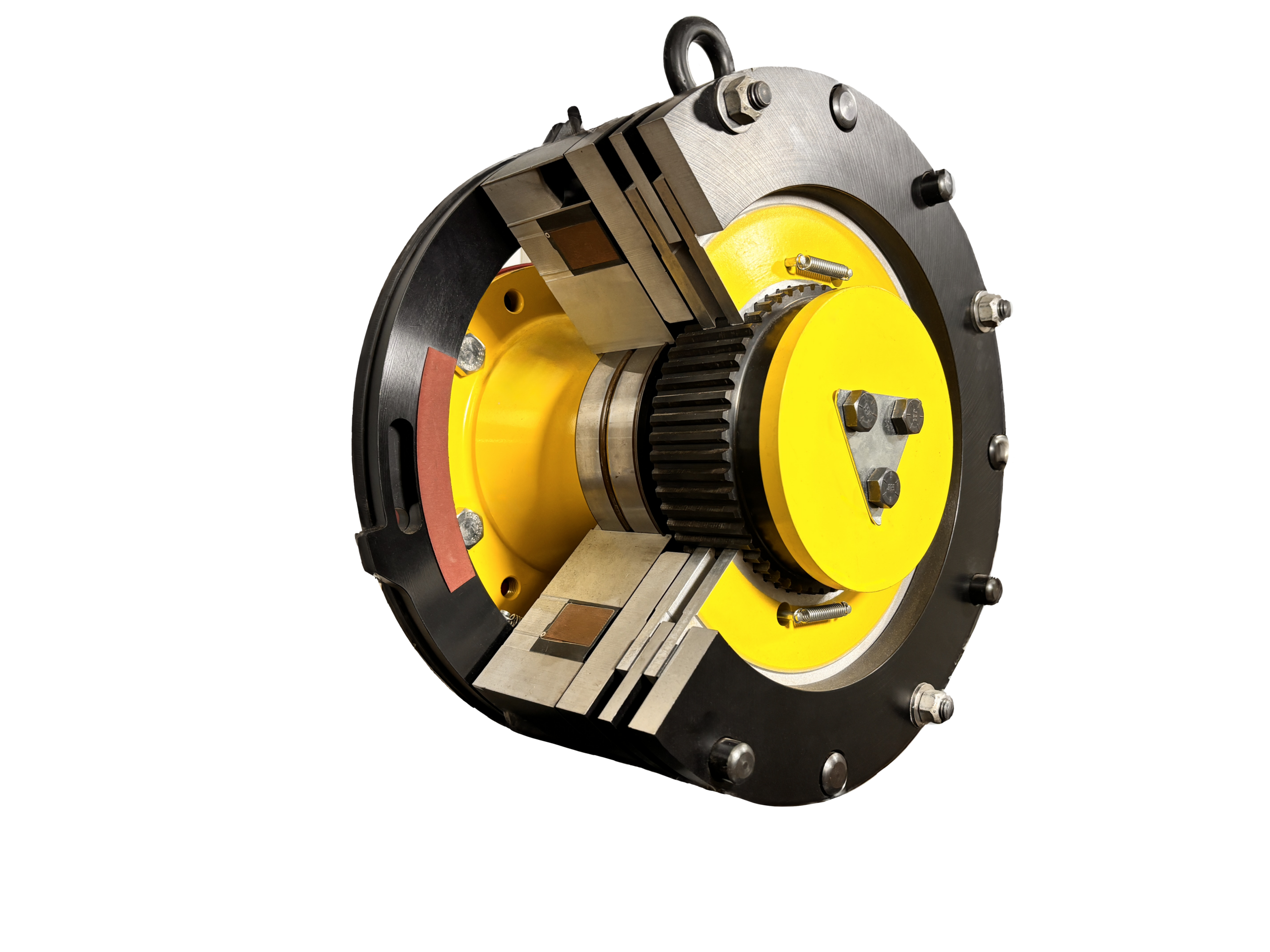 Close-up of a high-performance elevator brake assembly featuring a yellow hub and metallic components, illustrating the essential mechanism for safe and efficient lift operation.