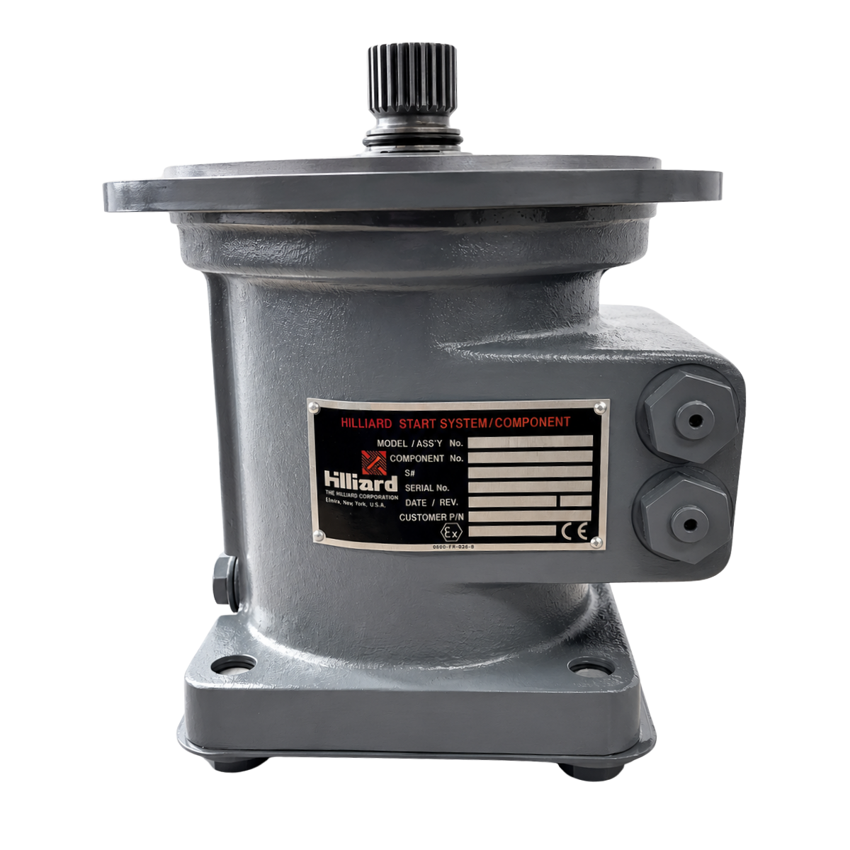 Hilliard start system component featuring a gray metallic casing, labeled with model and serial numbers, designed for efficient operation in landfill machinery applications.