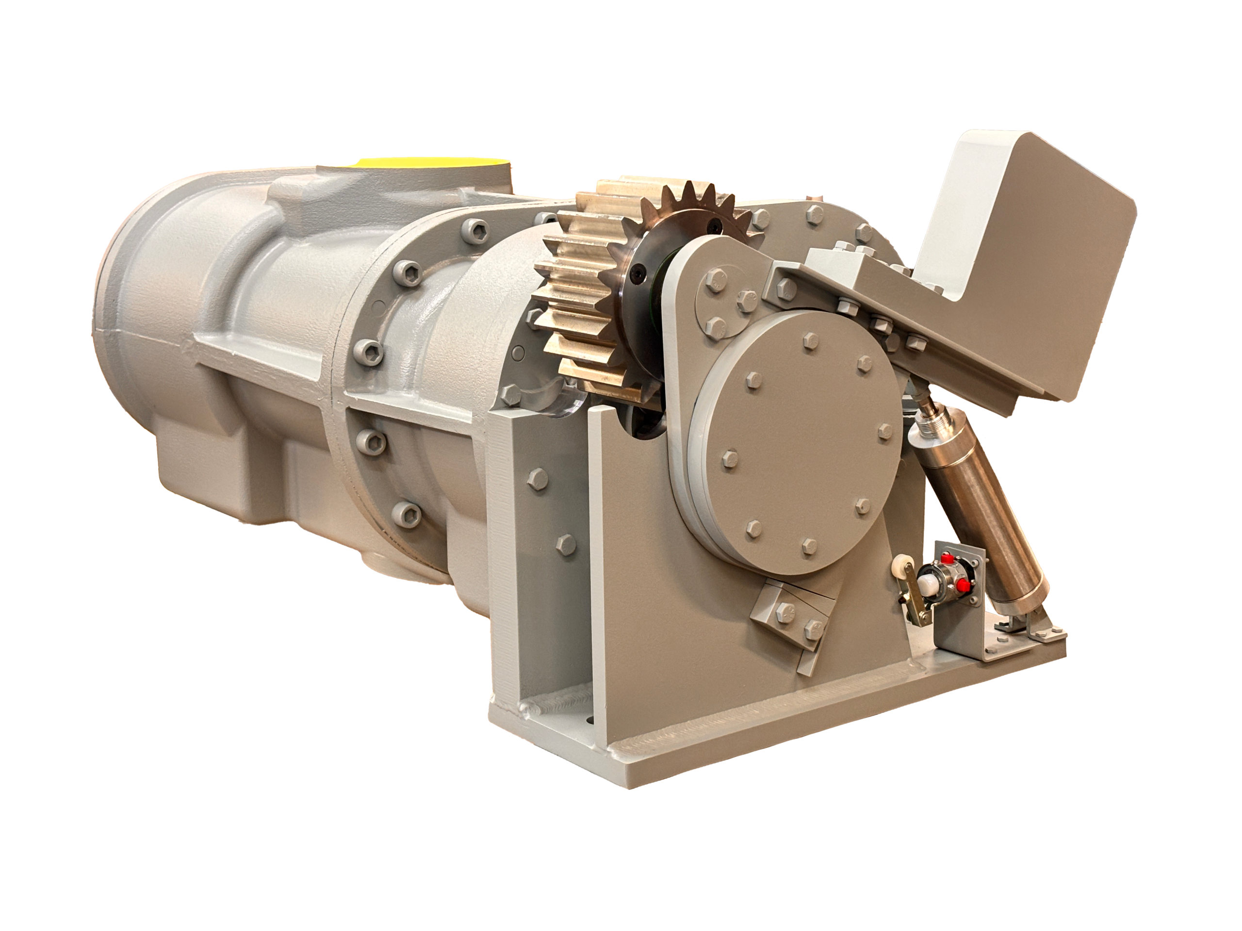 Aerospace mechanical component featuring a gearbox with a large gear, hydraulic actuator, and control valves, designed for high-performance applications in aircraft systems.