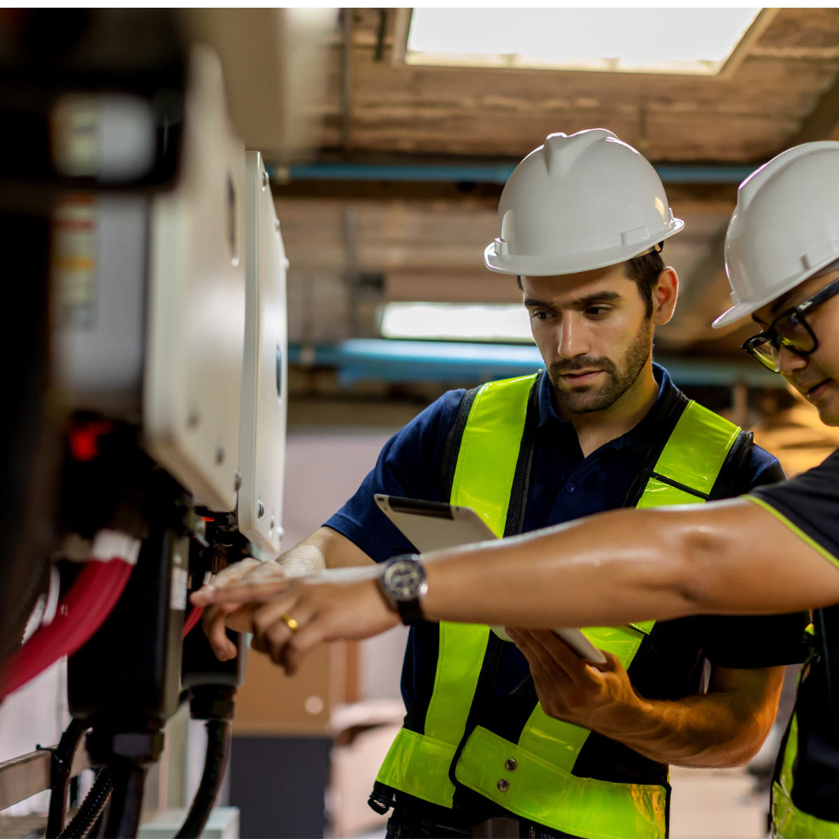 Two engineers in safety helmets and vests collaborate on machinery maintenance, examining equipment and reviewing data on a tablet in an industrial setting.
