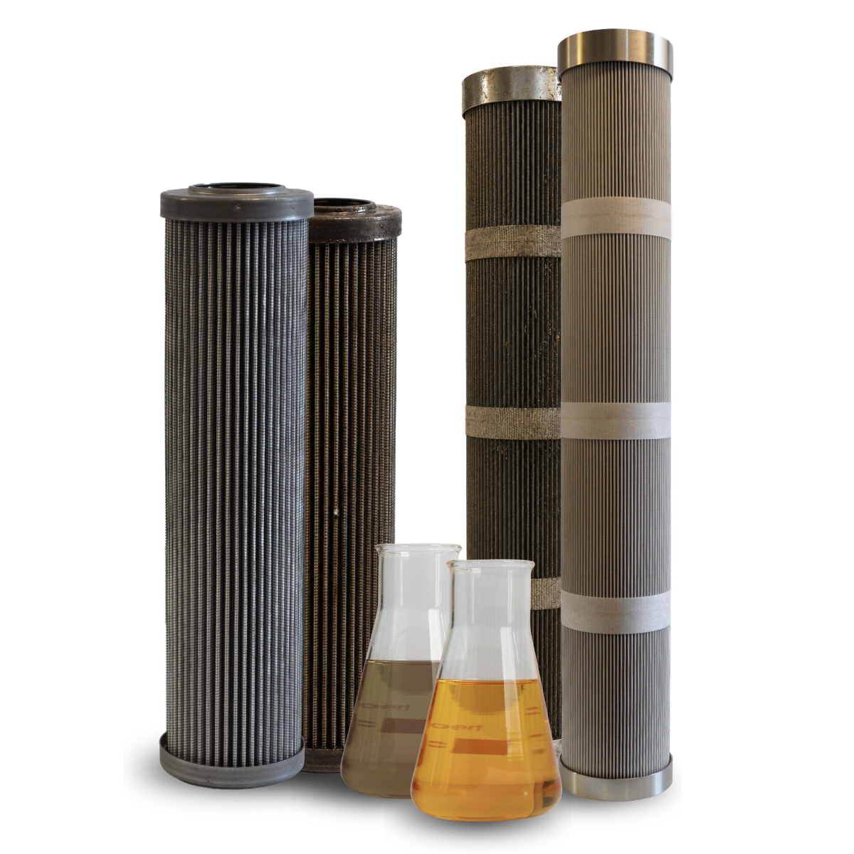 Image of various filter cartridges used in testing, alongside beakers containing different liquid samples, illustrating the filtration process and performance assessment in filter cartridge testing.