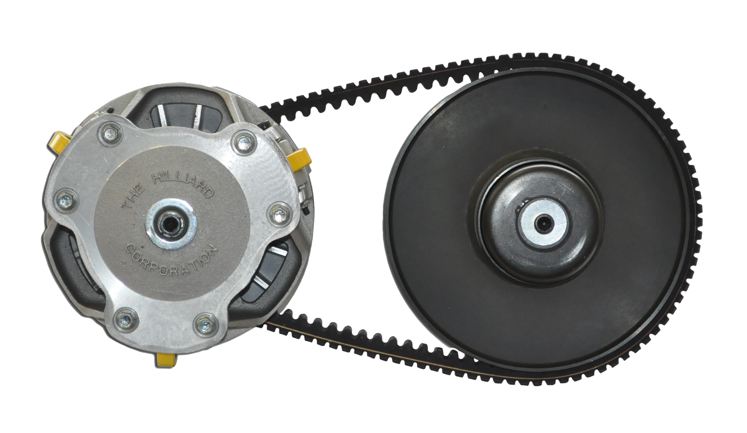 Mechanical pulley system featuring a belt drive from Hilliard Corporation, commonly used in construction machinery for power transmission.