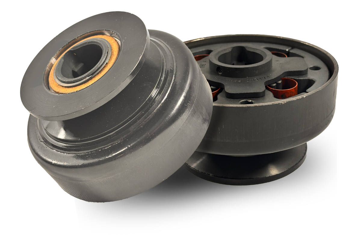 Close-up of two karting wheels, showcasing a black design with a central bearing. Ideal for enhancing performance and speed in kart racing.