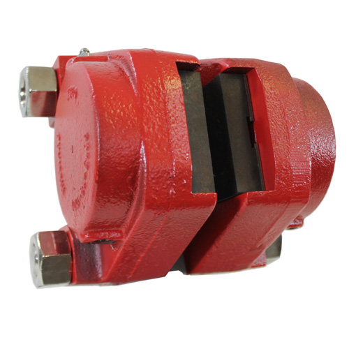 Red butterfly valve with a compact design and metal fittings, commonly used in industrial applications for flow control.