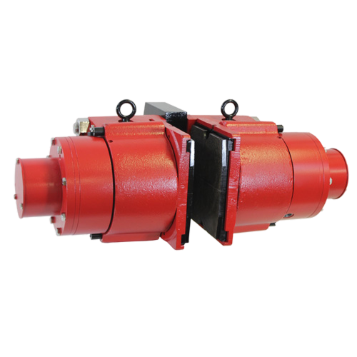 Red butterfly valve with dual actuators, designed for efficient flow control in various industrial applications.