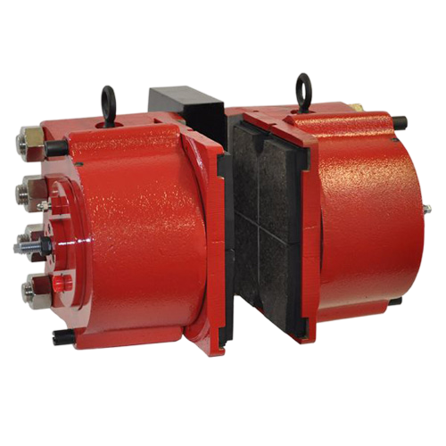 Butterfly valve with a red body and black sealing element, showcasing the actuator and connection points for fluid control applications.