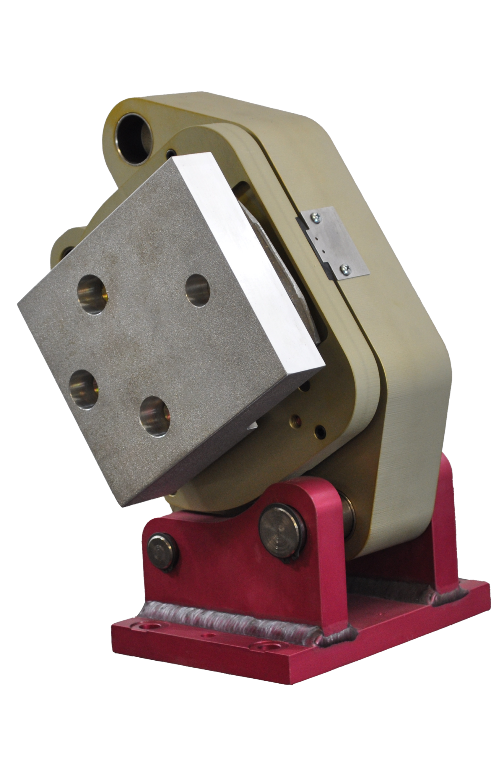 Elevator lift mechanism featuring a robust metal block with multiple mounting holes, designed for enhanced stability and performance in vertical transportation systems.