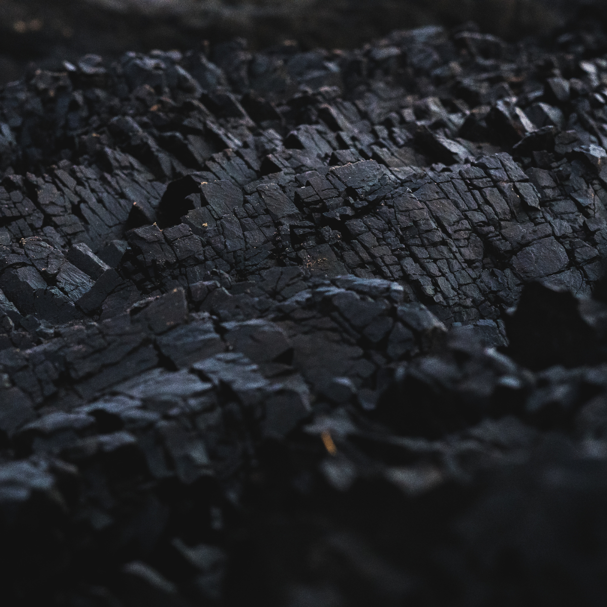 Close-up view of textured black coal deposits, showcasing the intricate patterns and layers formed during the mining process. Ideal for discussions on coal mining and geological formations.