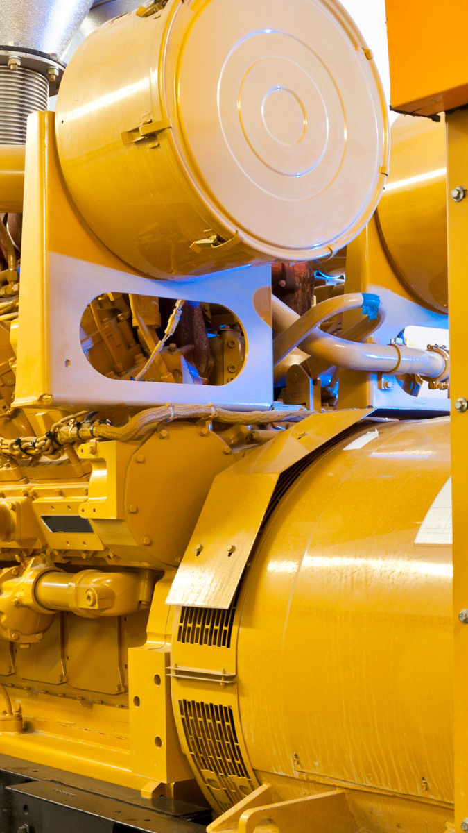 Close-up of a yellow mobile power station engine, showcasing intricate components and a control panel, highlighting its robust design and functionality for portable energy solutions.