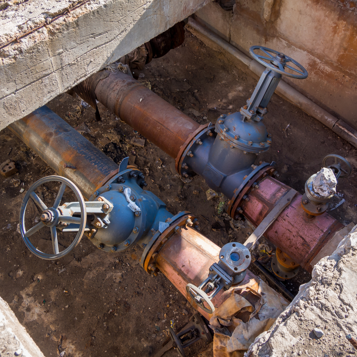 Close-up view of municipal utility pipes and valves in a concrete trench, highlighting essential infrastructure for water distribution and management.