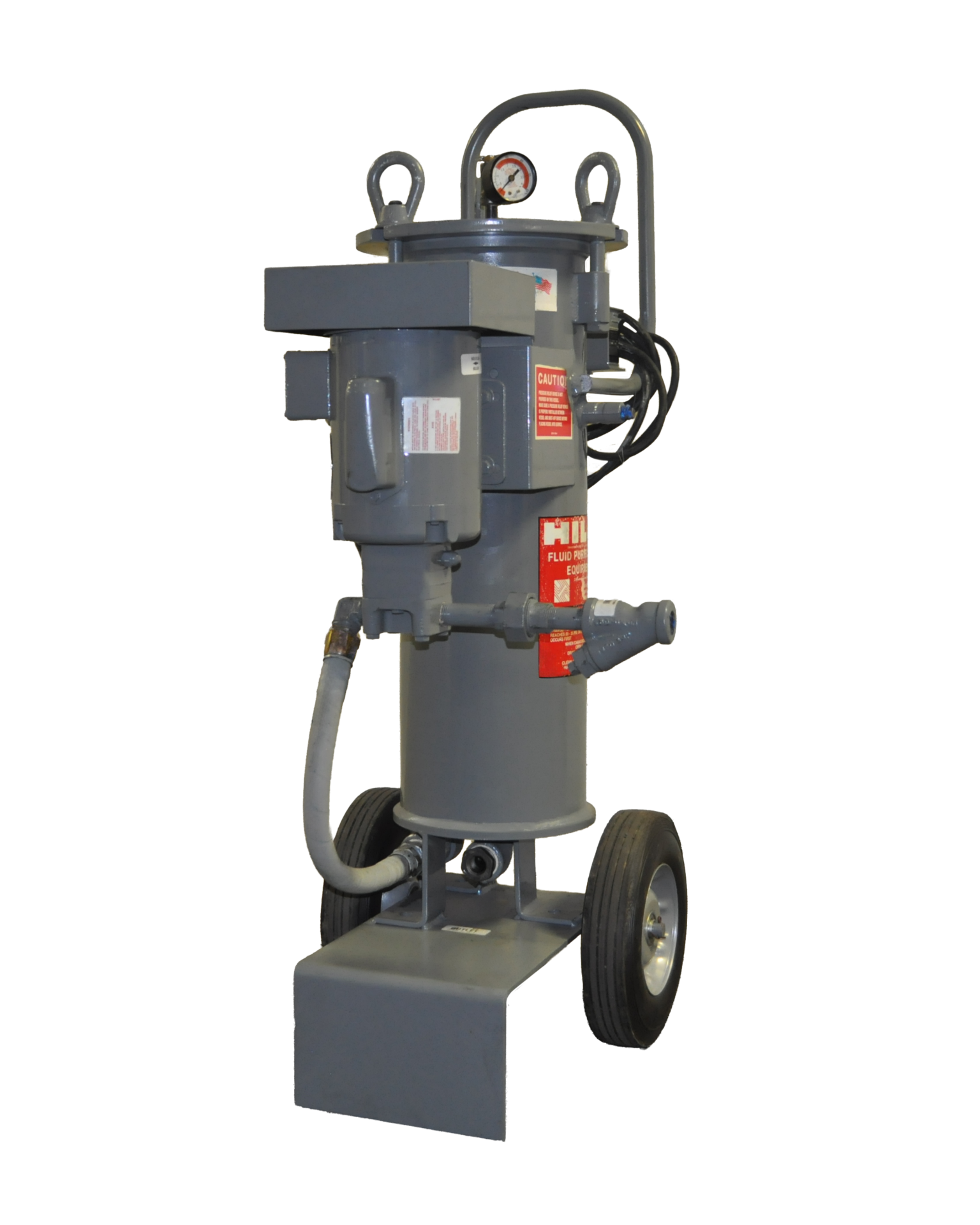Portable fluid filtration system with wheels, featuring a pressure gauge and multiple connection points for efficient fluid management and filtration in industrial applications.