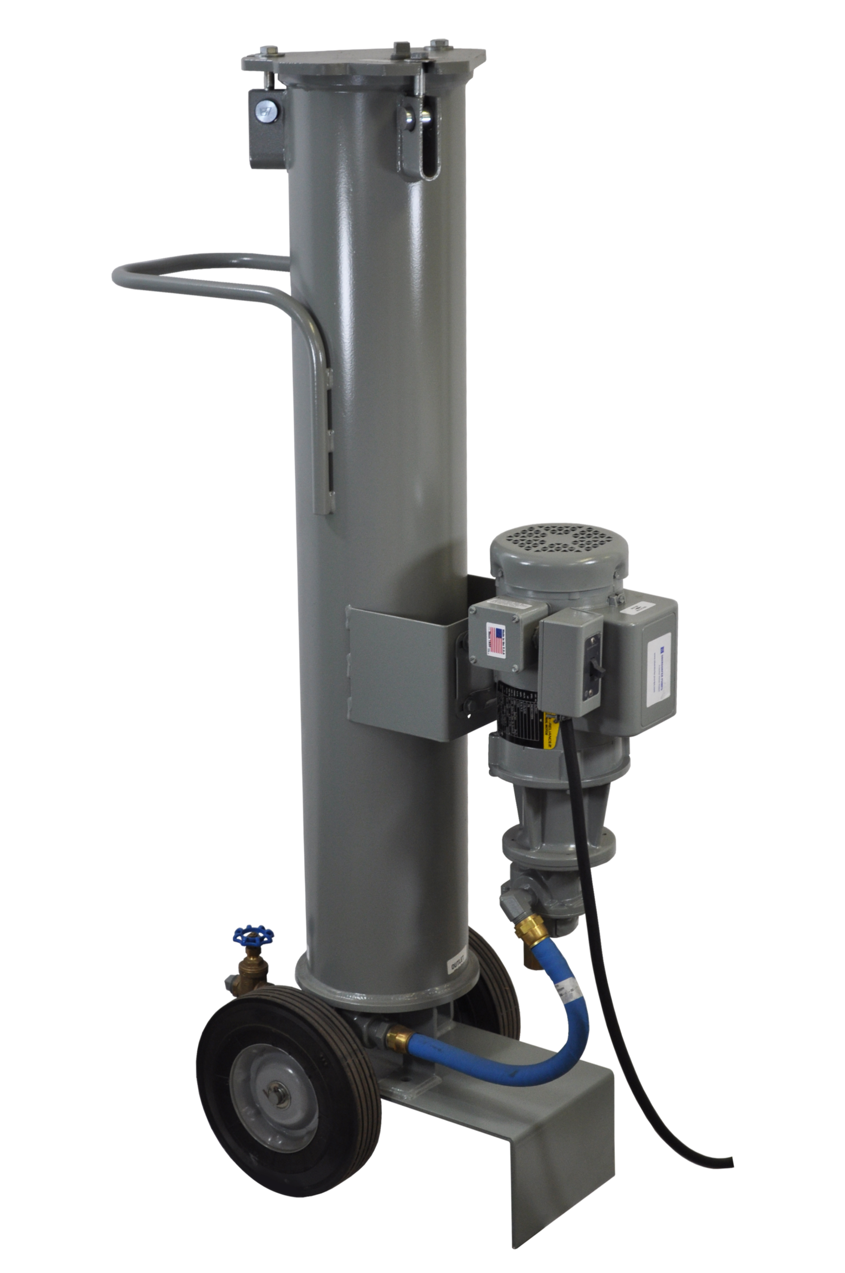 Butterfly valve actuator on wheels, featuring a gray cylindrical body, mounted motor, and blue hose connections, designed for efficient flow control in industrial applications.