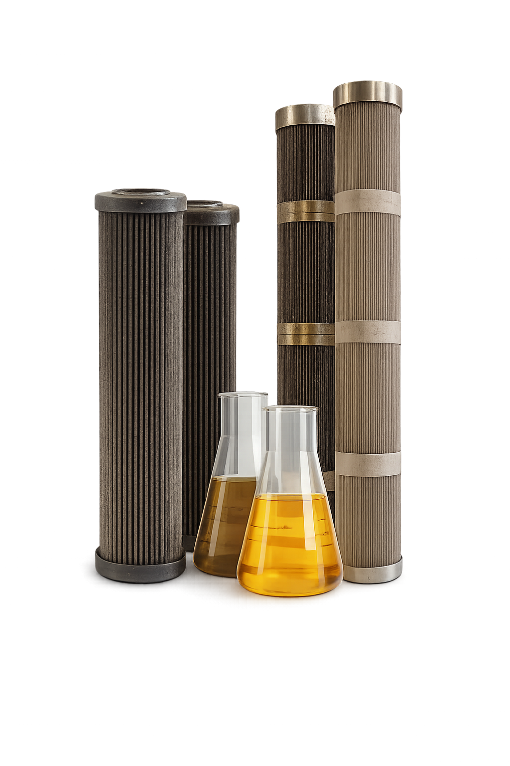 Industrial filtration products including cylindrical filters and laboratory flasks containing yellow liquid, showcasing advanced filtration solutions for various applications.