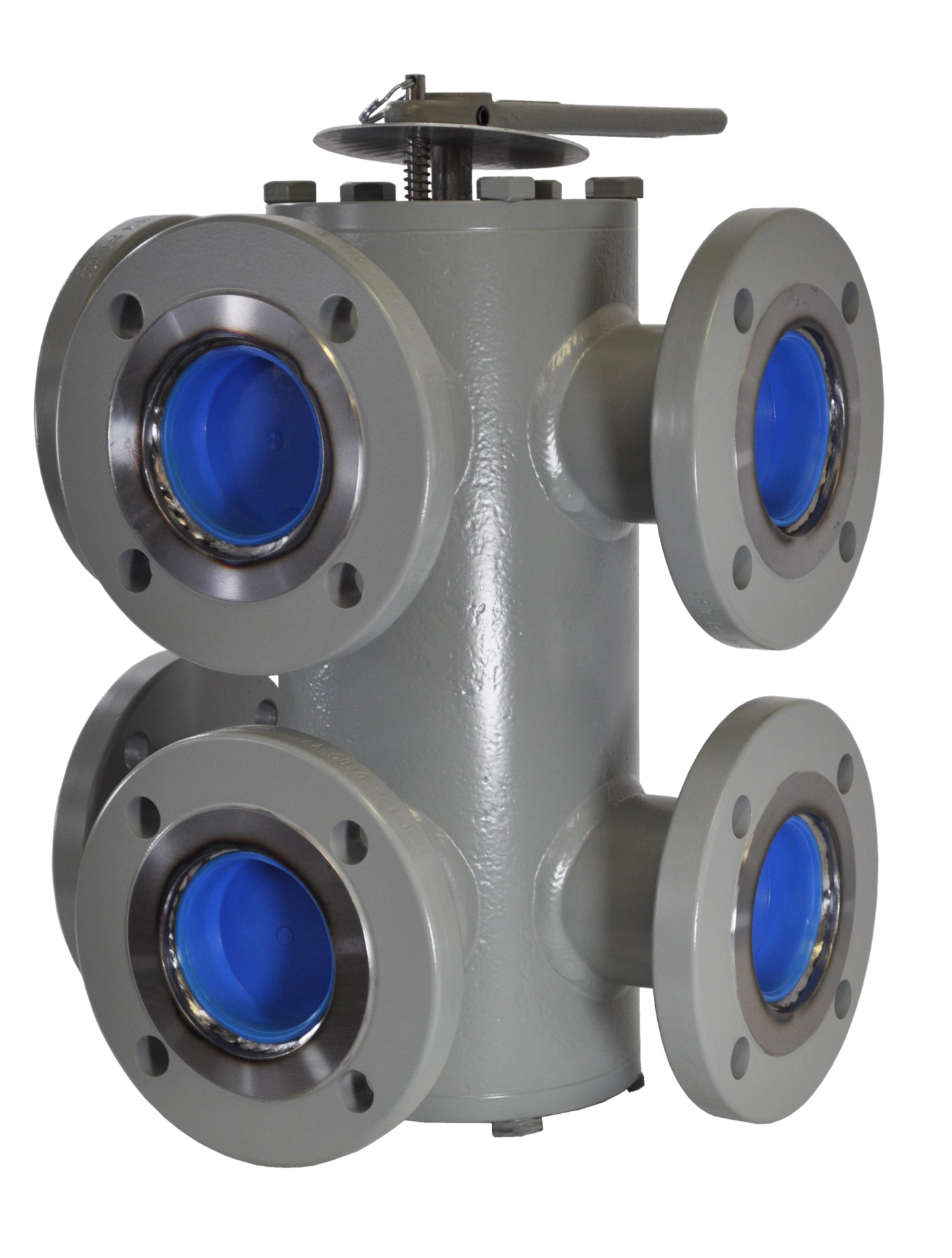 Butterfly valve with four flanged connections and a blue seat, designed for efficient flow control in various industrial applications.