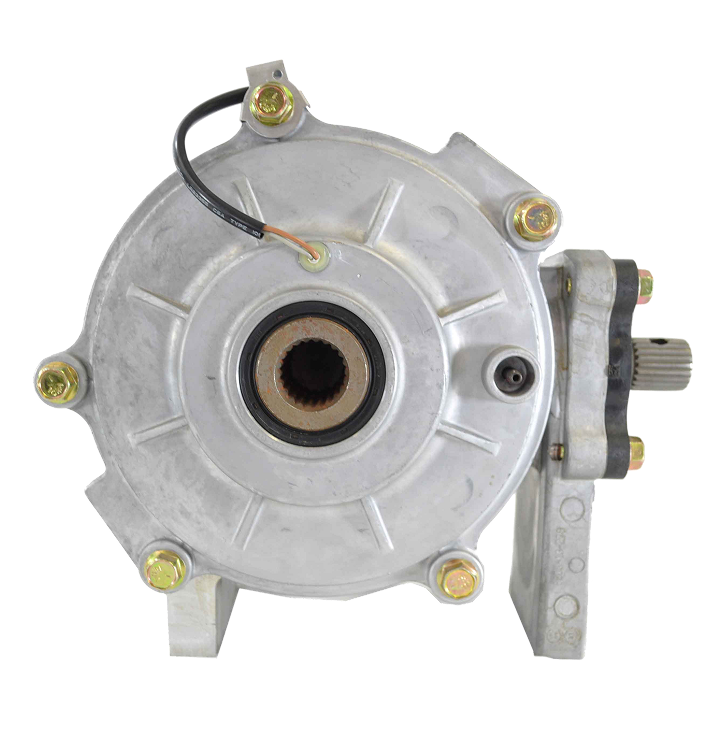 Electric motor component with a metallic casing, featuring an input shaft and wiring for connectivity, commonly used in various machinery and automotive applications.