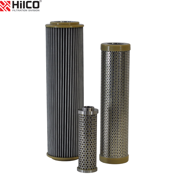 HiCo filtration products featuring three different types of industrial filters, including a pleated filter, a cylindrical filter with perforations, and a smaller filter, all designed for effective fluid filtration solutions.