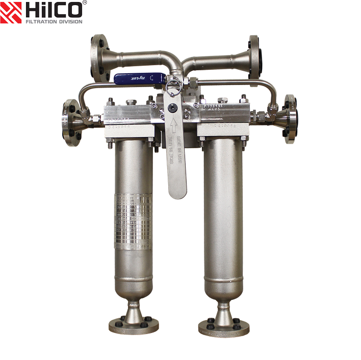 Industrial stainless steel filtration system with dual filter cartridges, designed for efficient liquid filtration in various applications. Features include a control valve and flanged connections for easy installation.