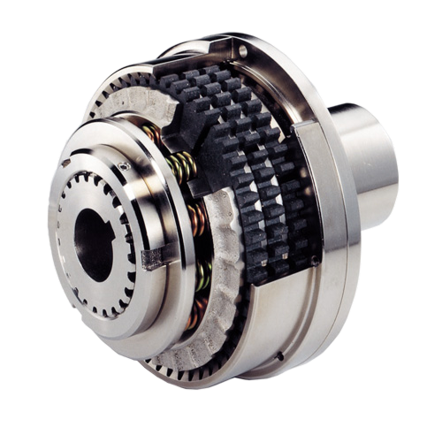 Motion control component featuring a precision-engineered clutch assembly with friction plates and springs, designed for optimal torque transmission and performance in mechanical systems.