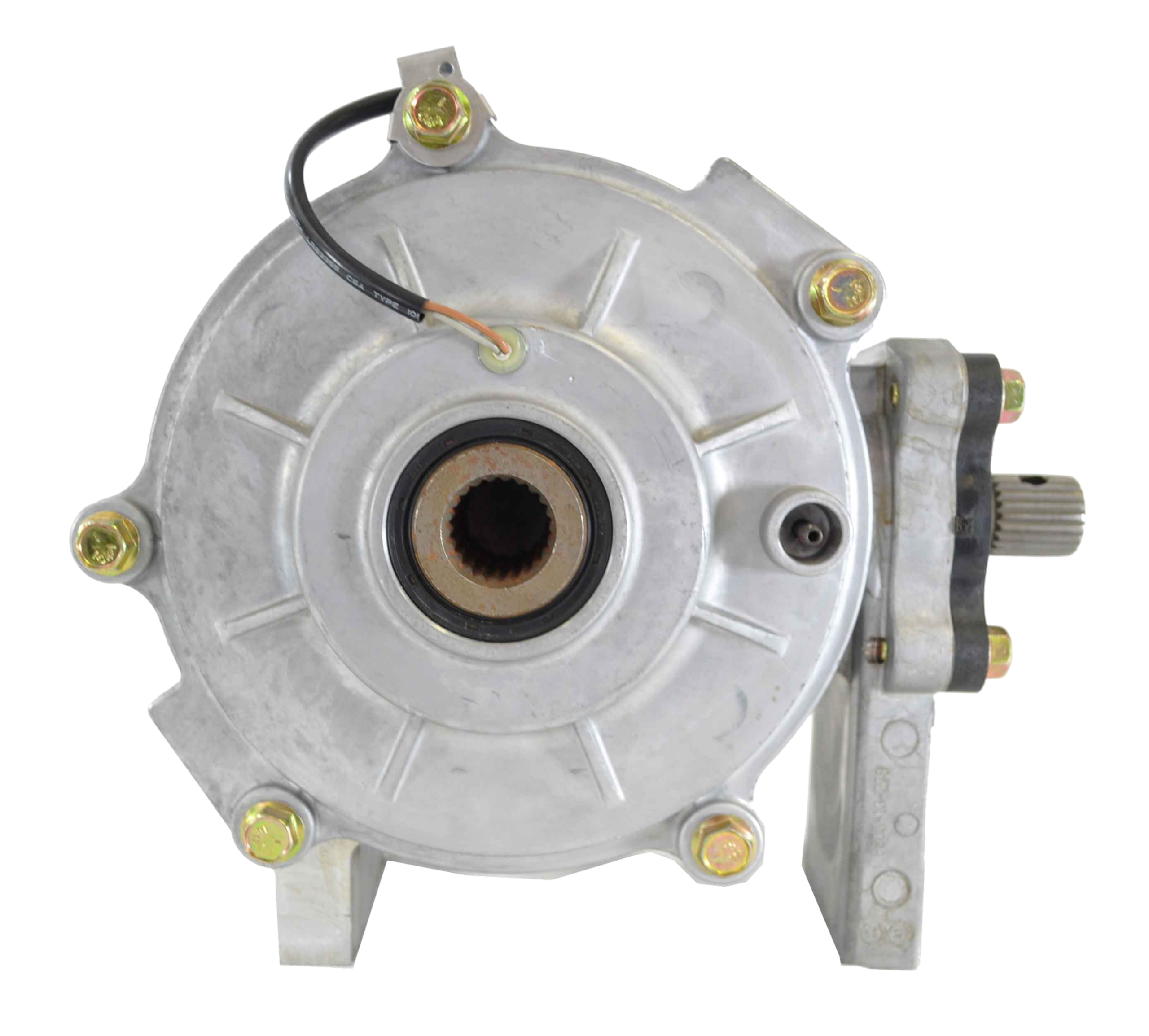 Drive train component showcasing a metallic motor with visible wiring and mounting brackets, designed for efficient power transmission in vehicles.