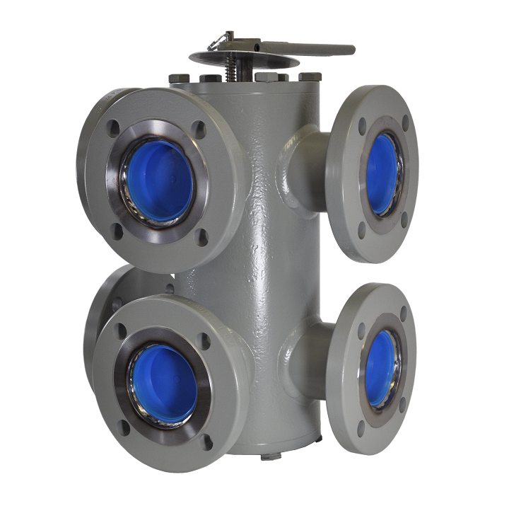 Industrial valve with four flanged connections, featuring a robust gray exterior and blue sealing elements, designed for efficient fluid control in piping systems.